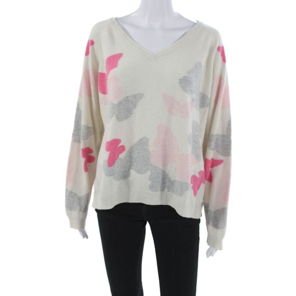 Jumper Women Cashmere White V Neck Butterfly Print Long Sleeve Sweater Size 3